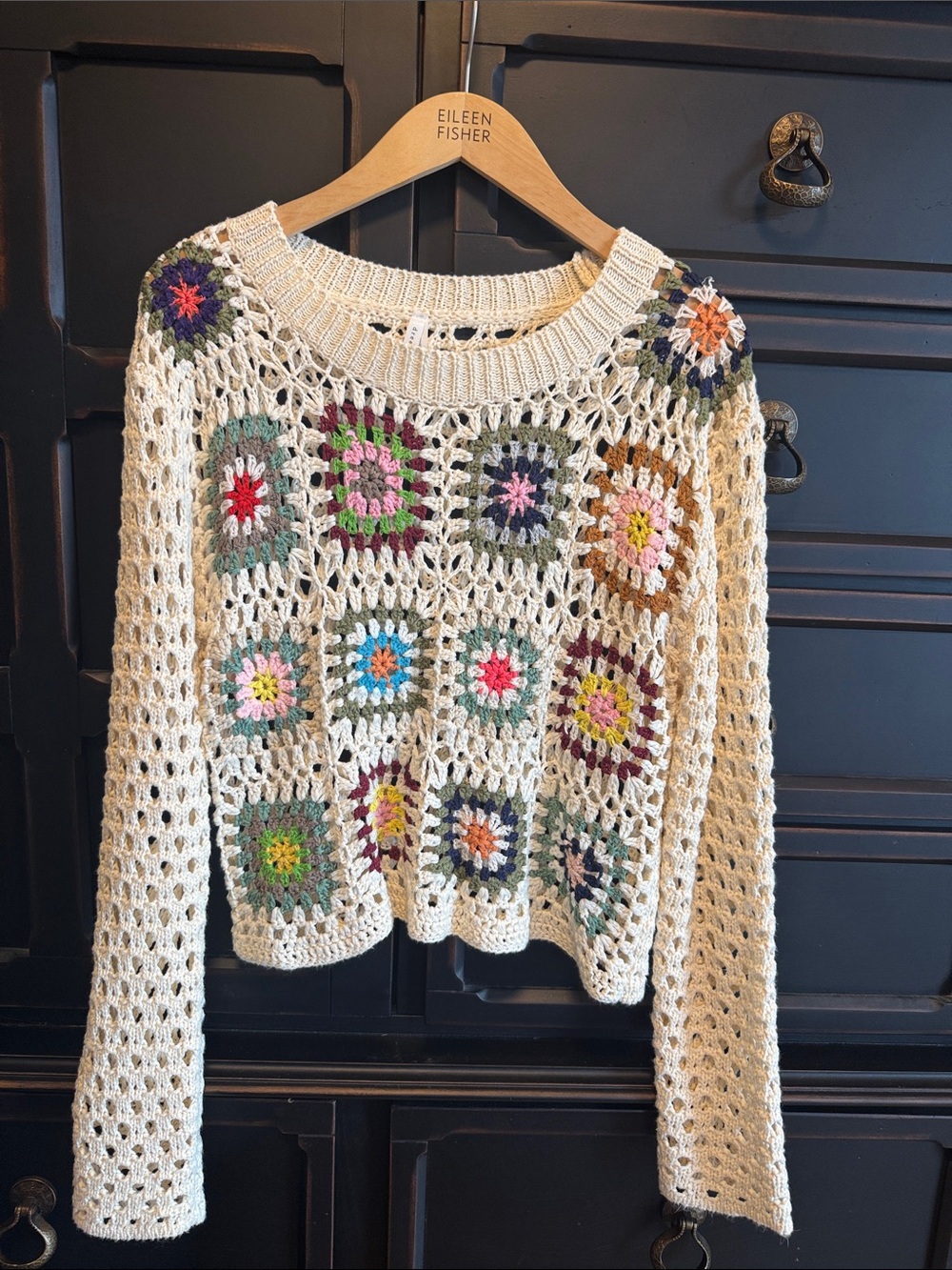 Dreamers Cream Crochet Pullover with Multicolor Granny Squares
